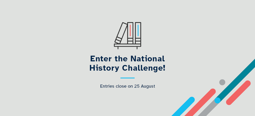 Illustration of 3 books on a shelf with the words: Enter the National History Challenge! – Entries close on 25 August.