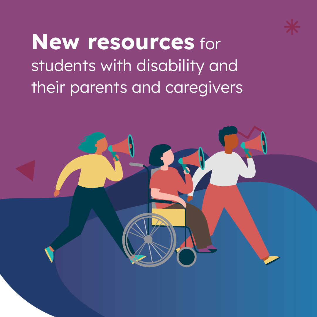 Illustration of three adults, including one person in a wheelchair, who are all using megaphones.