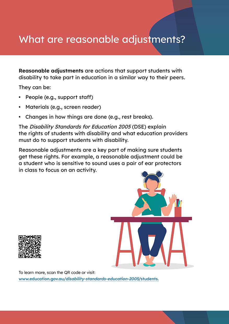 Printable poster tile with the heading 'What are reasonable adjustments?'. There is an illustration of a young woman sitting down at a desk, writing in a book and wearing headphones.