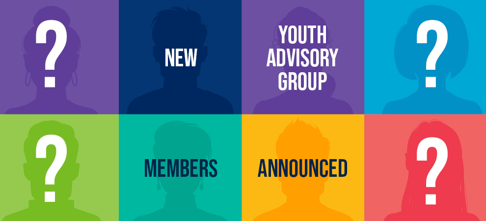 New Youth Advisory Group Members announced. In the background, there are six coloured tiles with the silhouettes of people.