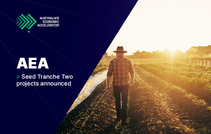 AEA (Australia’s Economic Accelerator) Seed Tranche Two projects announced. In the background, there is a farmer, with his back facing the viewer, walking on a large rural property.