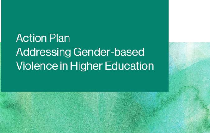 The Action Plan Addressing Gender-based Violence in Higher Education banner, with a decorative, emerald-coloured background.